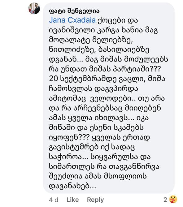 „მოღალატე მელიები და წითლიძე რა არჩევნებსაც მიიღებენ ამას ყველა იხილავს“ – ფატი შენგელია ნაციონალების ლიდერებს ემუქრება - image 2