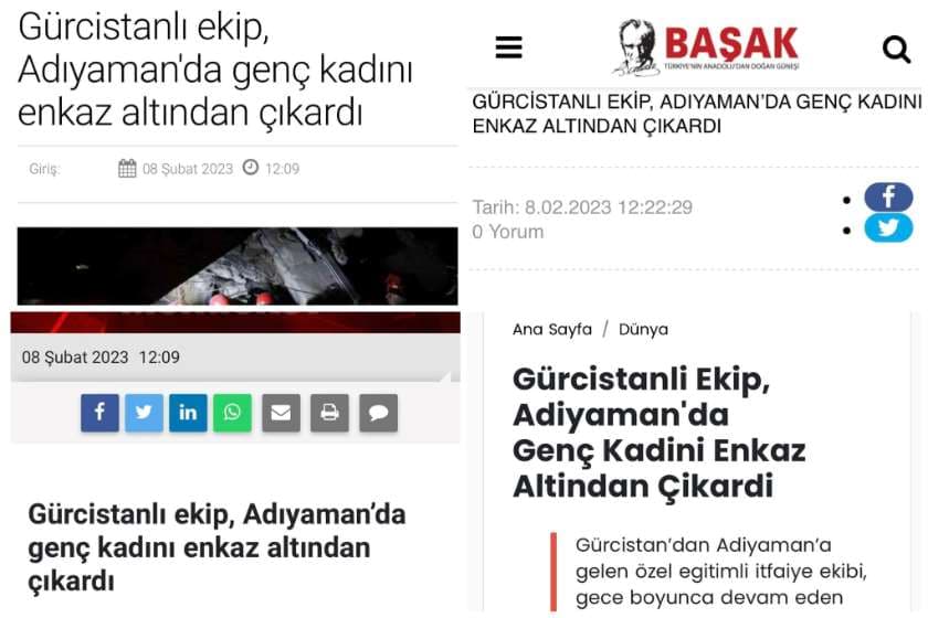 თურქულ მედიაში ქართველი მეხანძრე-მაშველების მიერ მიწისძვრის შედეგად დაზარალებულის გადარჩენის შესახებ სტატიები გამოქვეყნდა